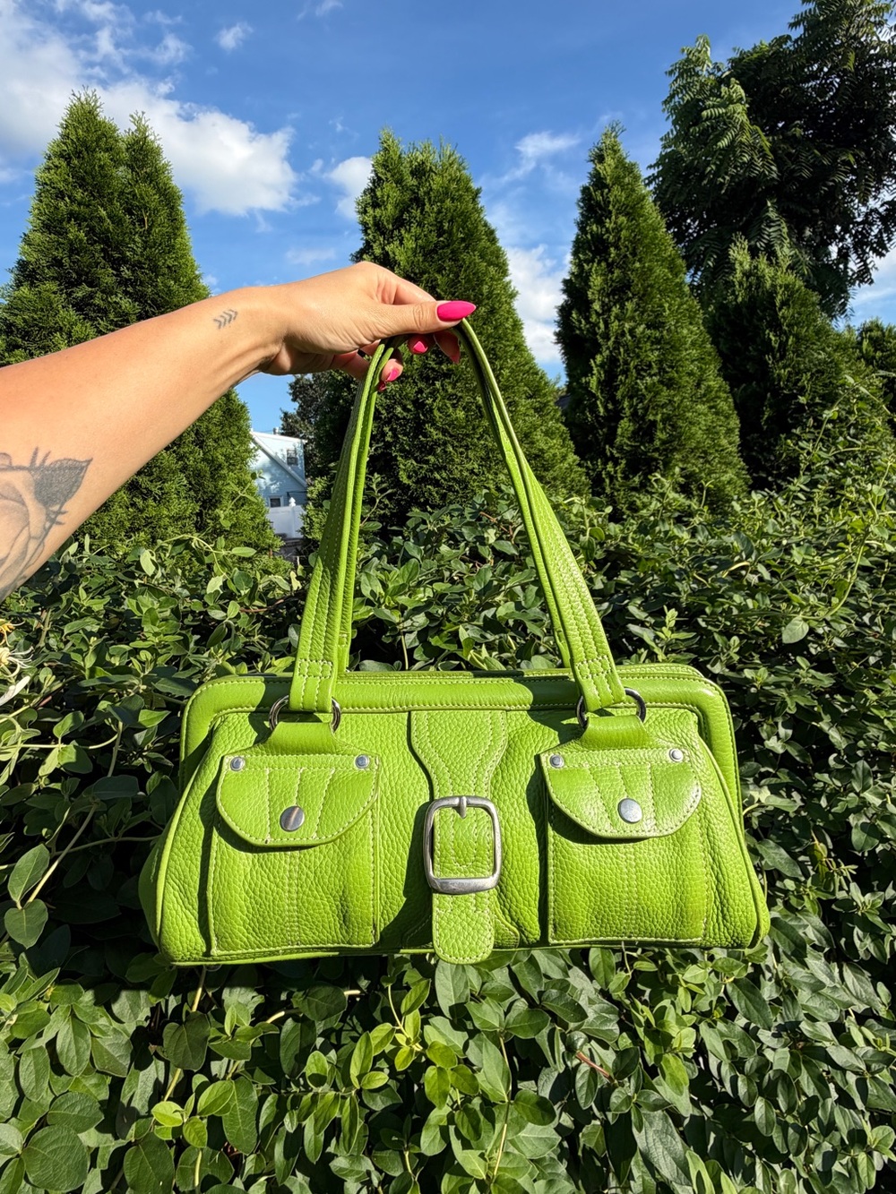 Vintage Y2K Tignanello Green Leather Baguette Shoulder Bag